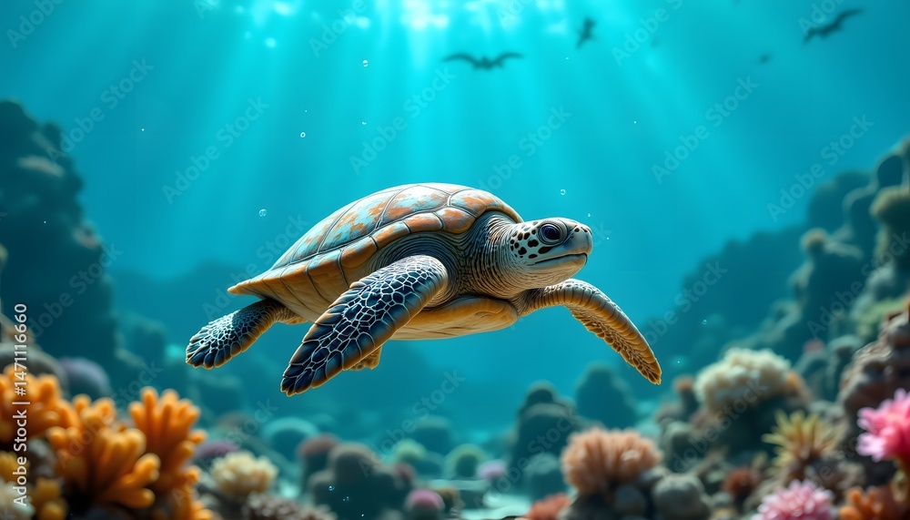 Fototapeta premium A small, endearing sea turtle, its speckled shell a mosaic of earthy browns and gentle greens, paddles leisurely through the cerulean ocean