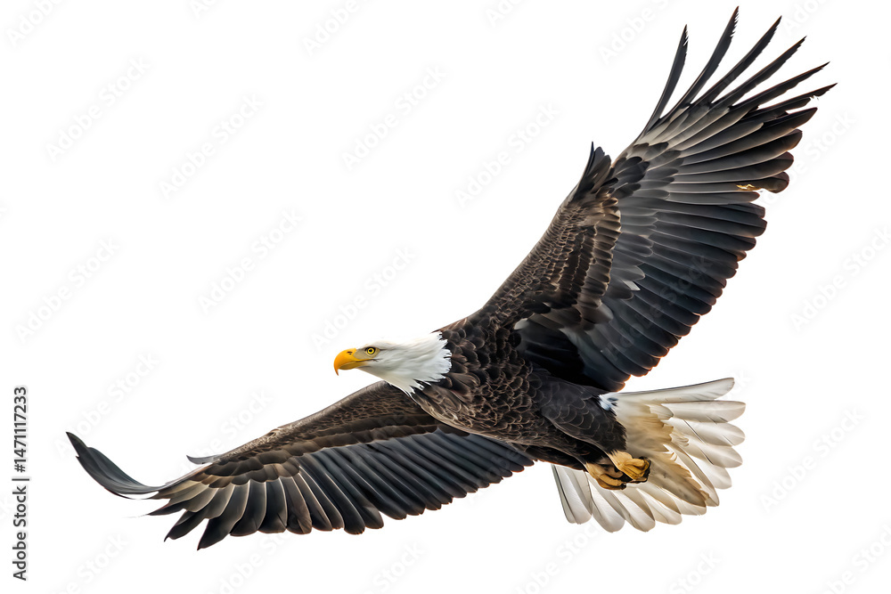 Naklejka premium Majestic bald eagle in flight isolated on a white background png