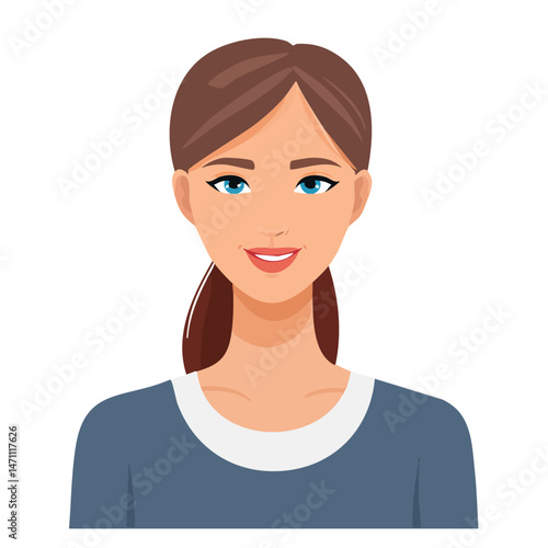 Flat Vector. Portrait of only one Woman. Simple Background.