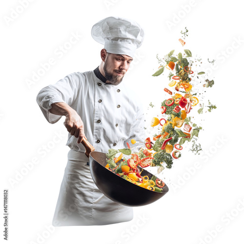 Confident male chef tossing vegetables in a wok, cooking motion, isolated on transparent background ultra realistic 8k --v 7.0