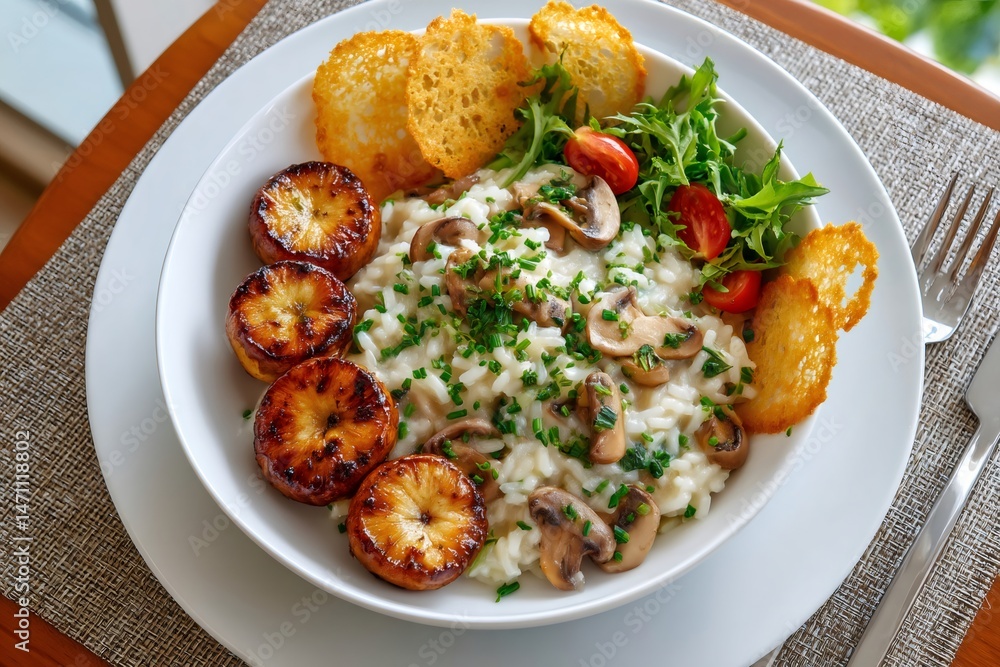 Mushroom risotto with fried plantains, parmesan crisps and salad, garnished with chives Mushroom risotto with fried plantains, parmesan crisps and salad, garnished with chives