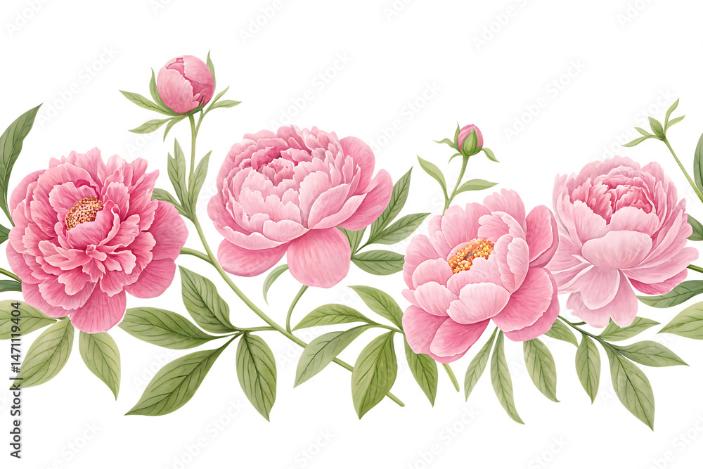 banner of Set of row of pink peonies isolated on white. Pink flowers with leaves on white background.PNG.AI GENERATED banner of Set of row of pink peonies isolated on white. Pink flowers with leaves on white background.PNG.AI GENERATED