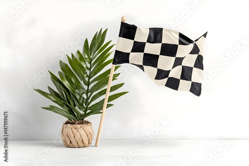 A checkered flag waving next to a potted plant against a white background