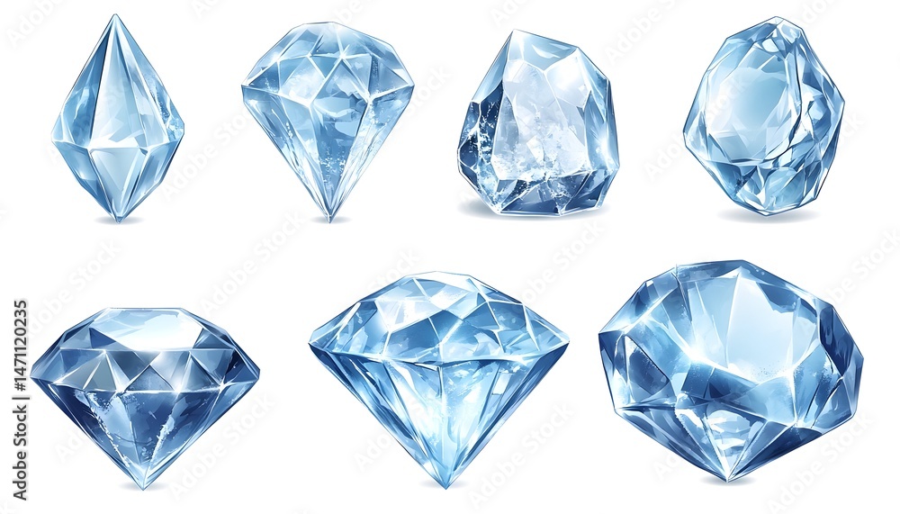 Naklejka premium A collection of eight blue, sparkling, gemstone diamonds of various shapes