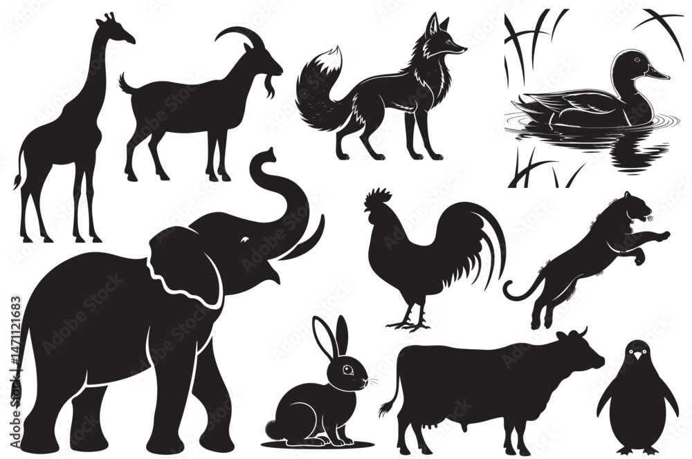 Fototapeta premium Diverse Black Animal Silhouettes Vector Art Collection