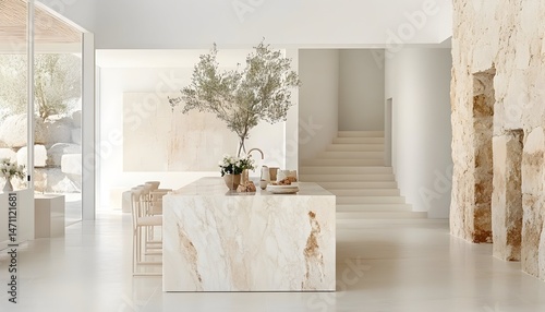 A modern kitchen with a large marble island, white walls, and a staircase in the background