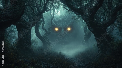 A mysterious owl-like creature with glowing eyes lurks deep within a dark, misty forest, creating an atmosphere of magic and otherworldly presence visible now.