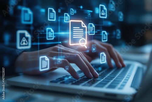 Wallpaper Mural Hands typing on keyboard with glowing document icons floating in digital interface, futuristic graphic style on blurred background, concept of business data search. Ai generative Torontodigital.ca