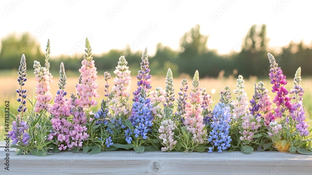 Naklejka premium A vibrant row of lupine flowers in shades of pink, blue, and purple bloom in front of a blurred background of a summer field and trees