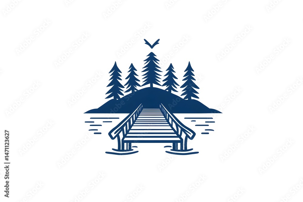 Fototapeta premium A wooden bridge leading to a small island with a group of trees and a bird flying overhead