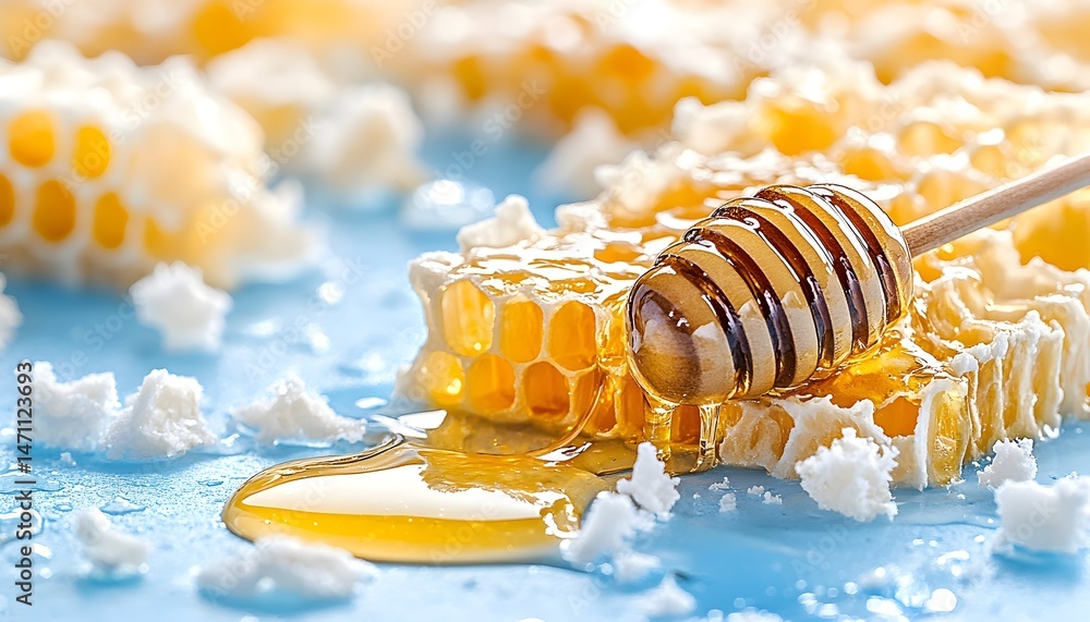 A wooden honey dipper resting on a piece of honeycomb, with honey dripping onto a blue surface A wooden honey dipper resting on a piece of honeycomb, with honey dripping onto a blue surface