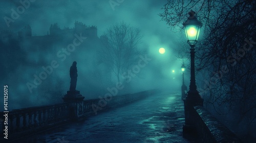 Wallpaper Mural An eerie misty pathway leads toward a distant castle on a dark night, illuminated by vintage streetlights and a solitary statue standing guard along the way. Torontodigital.ca
