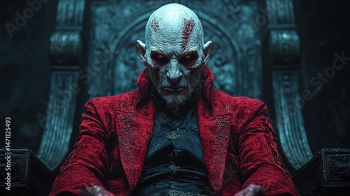 An ominous, scarred vampire king with glowing red eyes sits regally upon his ornate throne in a dark, gothic castle, emanating power and malevolence beautifully.
