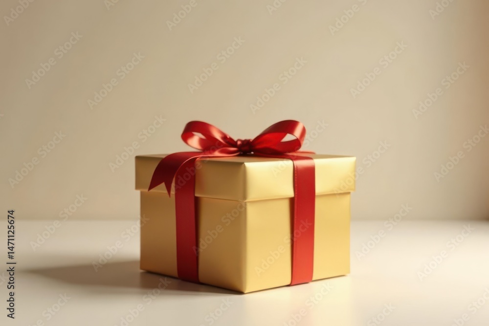 Fototapeta premium A luxuriously wrapped golden present box with a vibrant red ribbon, ready for a special occasion
