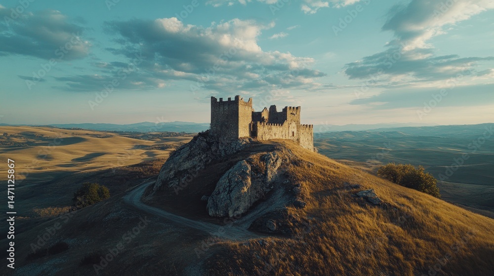 Obraz premium Timeless fortress atop a hill, overlooking serene valleys under soft sky