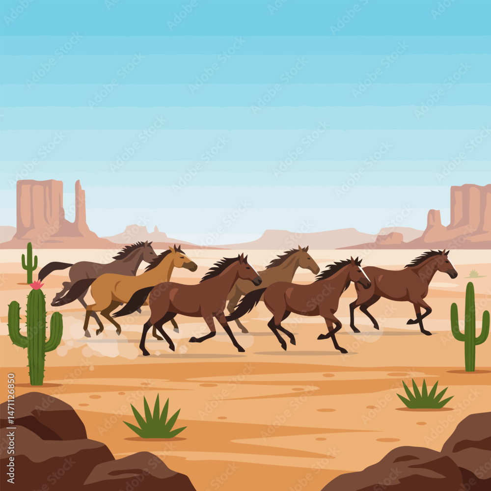 Fototapeta premium Horses Running Freely Across Desert Landscape with Cacti and Buttes