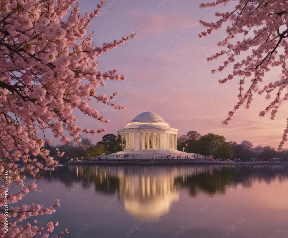 Obraz premium Sunrise illuminates Jefferson Memorial amidst cherry blossoms, nature, Washington DC