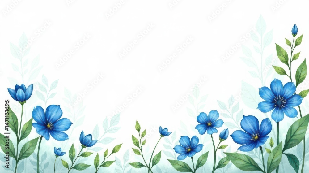 Fototapeta premium Serene Blue Floral Border Delicate Watercolor Flowers and Leaves on White Background