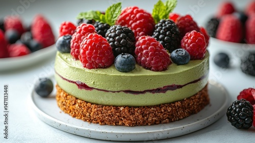 Wallpaper Mural A beautifully decorated green matcha cake is topped with fresh raspberries, blueberries, and blackberries, garnished with mint leaves on a white plate. Torontodigital.ca