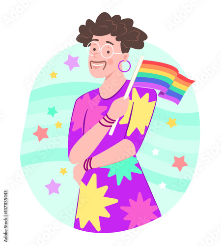 Lady Boy Holding Rainbow Flag for LGBT Gay Pride Celebration Concept Illustration