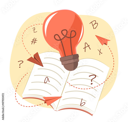 Light Bulb Idea, Book and Paper Plane for Creative Thinking Concept Illustration Clip Art
