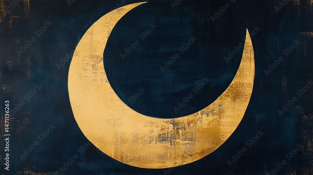Fototapeta premium Gold crescent moon on dark blue textured background.