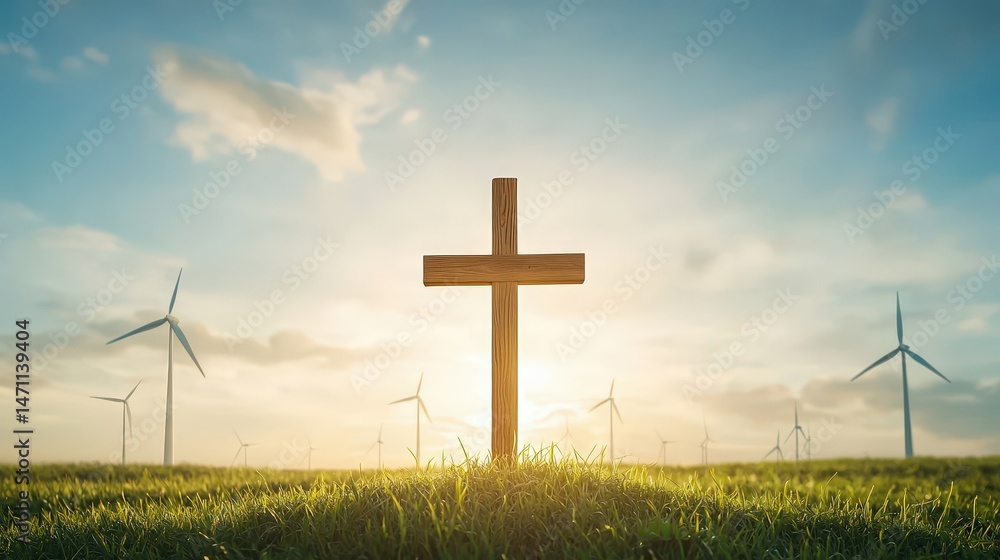 A wooden cross is standing in a field of grass next to a wind farm A wooden cross is standing in a field of grass next to a wind farm