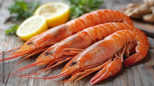 Wallpaper Mural Fresh, whole prawns displayed on a wooden surface. Torontodigital.ca