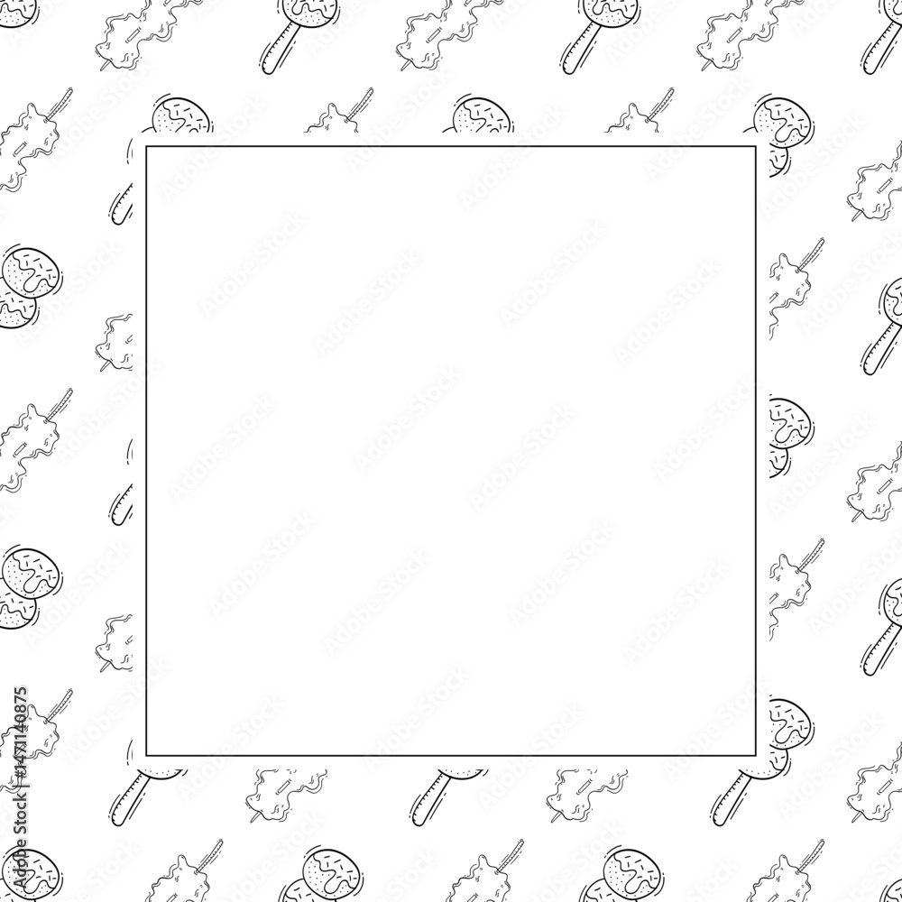 Food frame. doodle fast food square frame. hand drawn food and beverage frame background. food background Food frame. doodle fast food square frame. hand drawn food and beverage frame background. food background