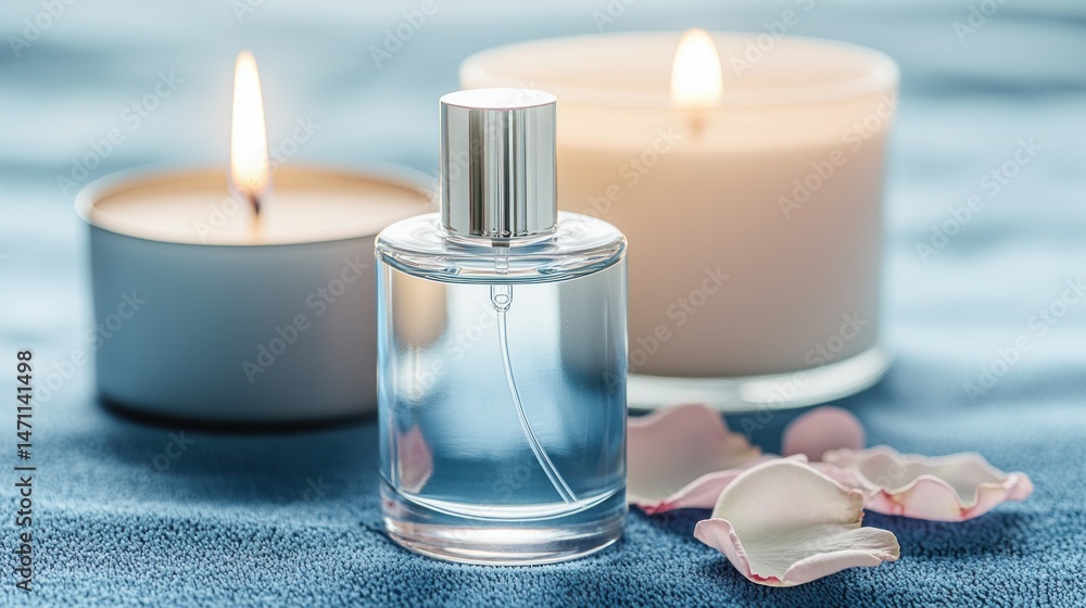 Aromatic perfume bottle and candles on a textured surface. Aromatic perfume bottle and candles on a textured surface.
