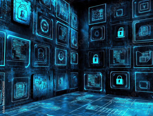 cybersecurity background with closed digital padlocks and encrypted data blocks, black and neon blue tech grid 