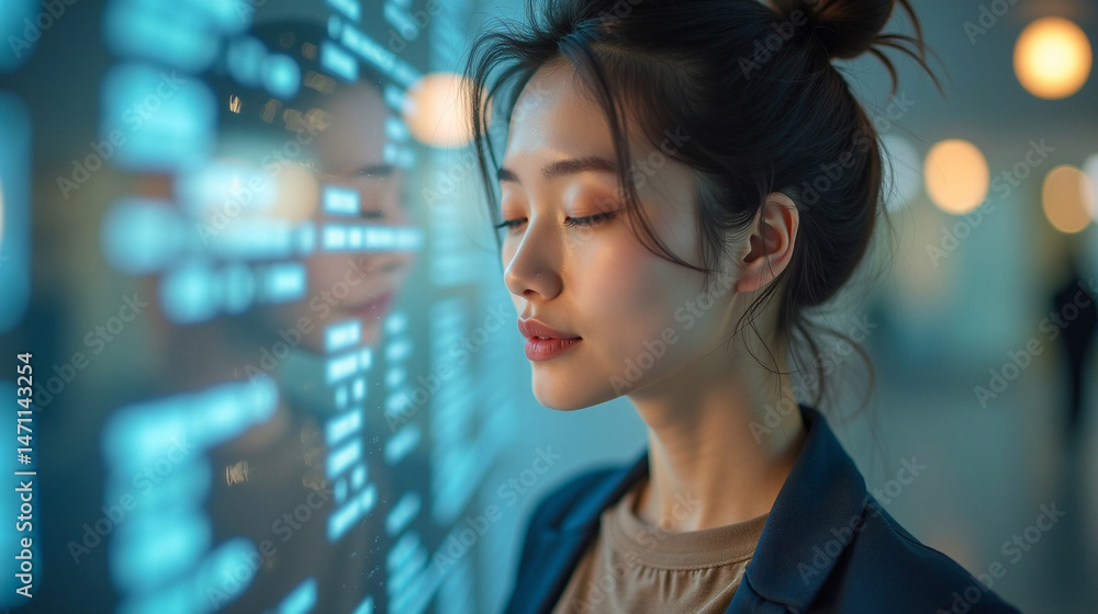Asian woman with data overlay and glowing digital network interface
Asian woman with data overlay and glowing digital network interface