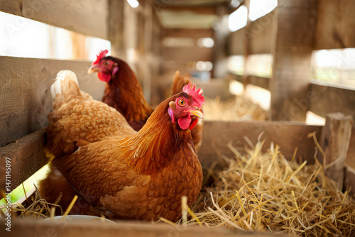 Rhode Island Red hen laying egg in nest at farm. Brown chicken, red comb, fresh egg with farm background. Organic farm poultry. Rural life. Agriculture scene. Farming, food production