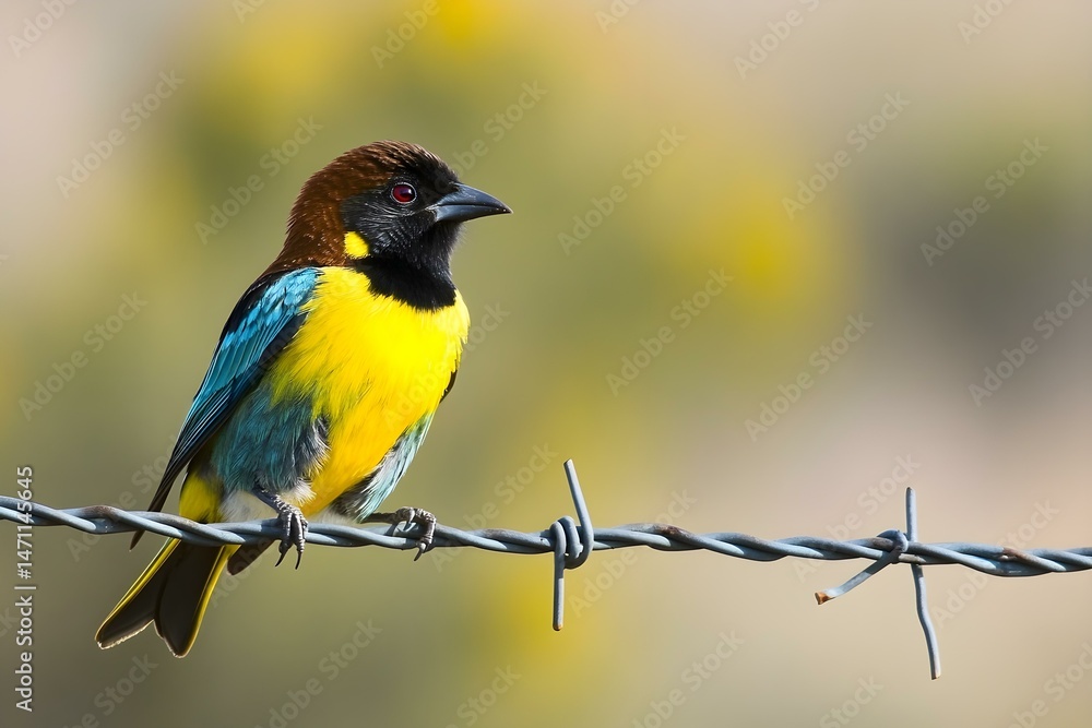 Fototapeta premium Bee-Eating Bird Gracefully Perched on Barbed Wire Against a Soft Blurred Background