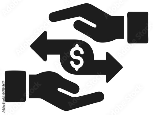 Financial transactions illustration depicting money transfer between hands with arrows