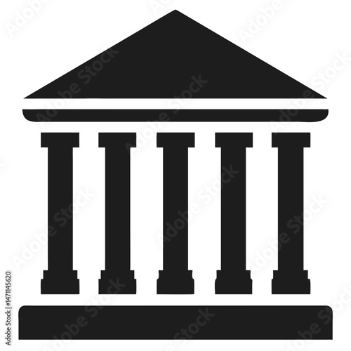 Flat black vector icon of a bank building architectural facade with classic columns and transparent background