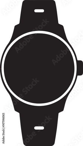 Silhouette of a smartwatch with strap and round dial, sporty design, on white_traced