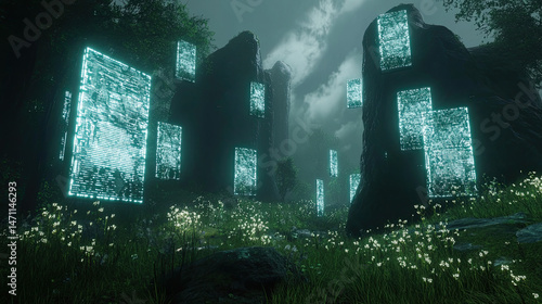 virtual reality inspired environment with floating data panels, glowing tech landscape, abstract depth, no humans 