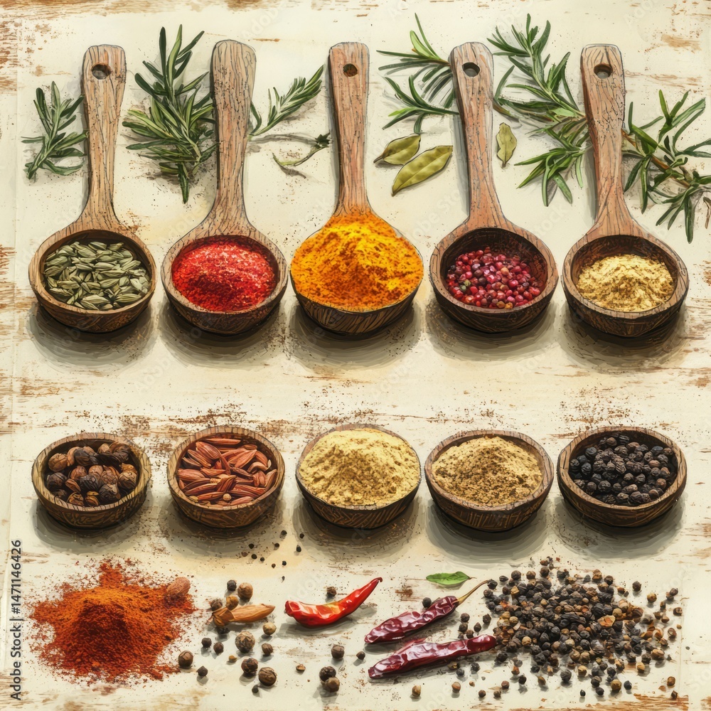 Wooden spoons filled with various aromatic spices. Wooden spoons filled with various aromatic spices.