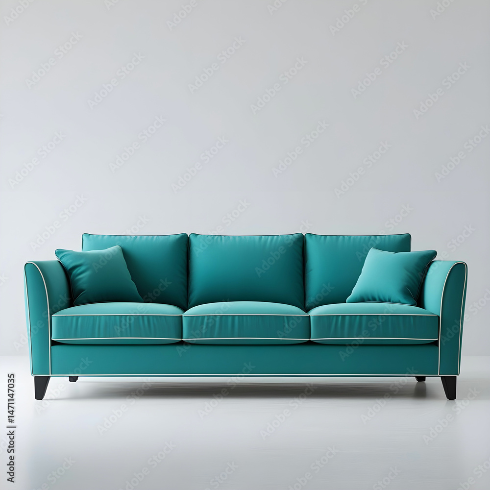 Fototapeta premium A slim-profile 3-seater couch in teal with contrast piping.