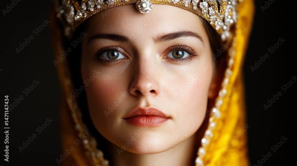 Portrait of a young woman wearing an elaborate golden headdress in a dimly lit setting, showcasing elegance and classic beauty Portrait of a young woman wearing an elaborate golden headdress in a dimly lit setting, showcasing elegance and classic beauty