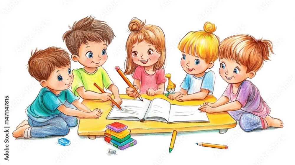 Fototapeta premium A group of five children gathers around a table, intently watching an adult’s hands as they engage in a creative activity.