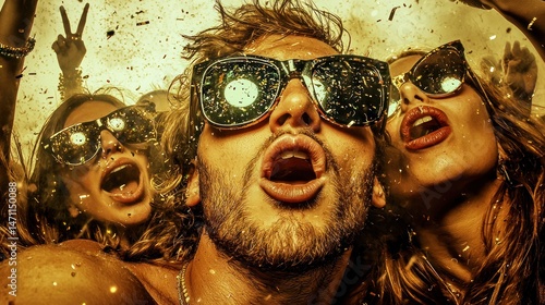 Euphoric celebration, Friends bathed in confetti and golden light