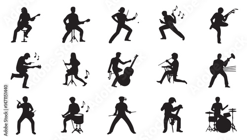A collection of black silhouette music icons depicting various musicians playing different instruments such as guitar, drums, keyboard, trumpet, and saxophone.	