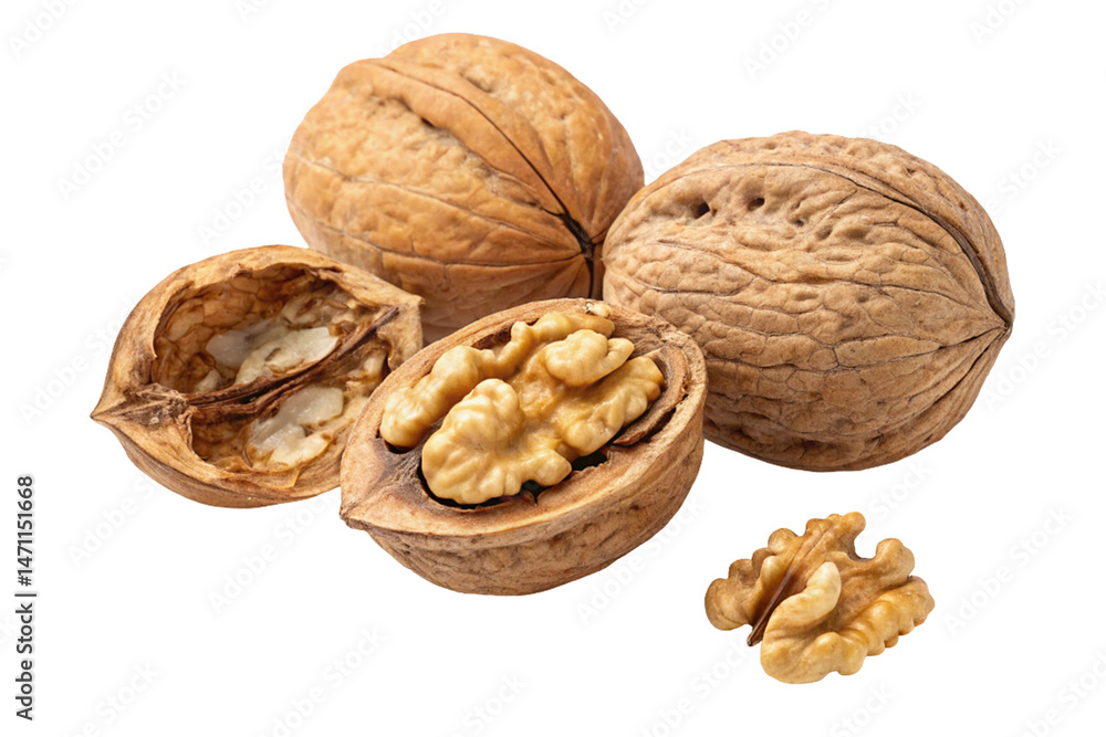 Isolated brown walnuts, a healthy snack and natural food ingredient, are closeup on a white background with a nutcracker Isolated brown walnuts, a healthy snack and natural food ingredient, are closeup on a white background with a nutcracker