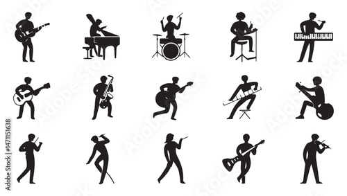 A collection of black silhouette music icons depicting various musicians playing different instruments such as guitar, drums, keyboard, trumpet, and saxophone.	