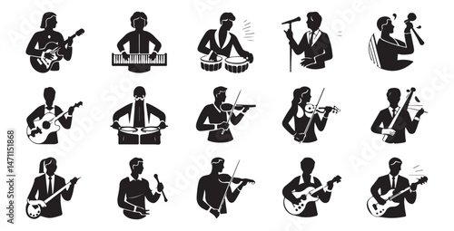 A collection of black silhouette music icons depicting various musicians playing different instruments such as guitar, drums, keyboard, trumpet, and saxophone.	