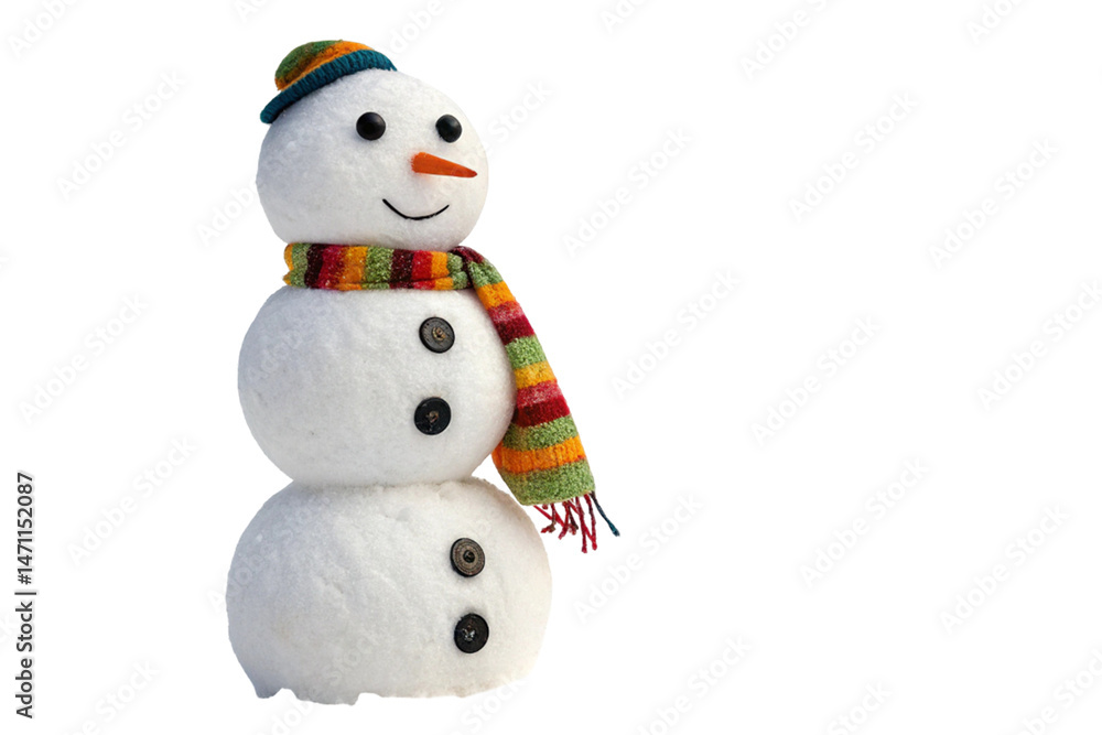 Isolated on white, a cute 3d snowman with a hat and scarf celebrates the winter holiday season with a happy, frosty smile Isolated on white, a cute 3d snowman with a hat and scarf celebrates the winter holiday season with a happy, frosty smile