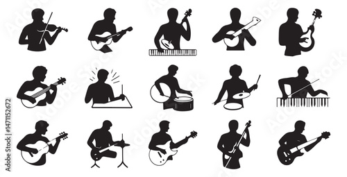 A collection of black silhouette music icons depicting various musicians playing different instruments such as guitar, drums, keyboard, trumpet, and saxophone.	