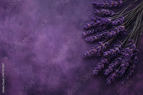 Dried lavender sprigs on textured purple background